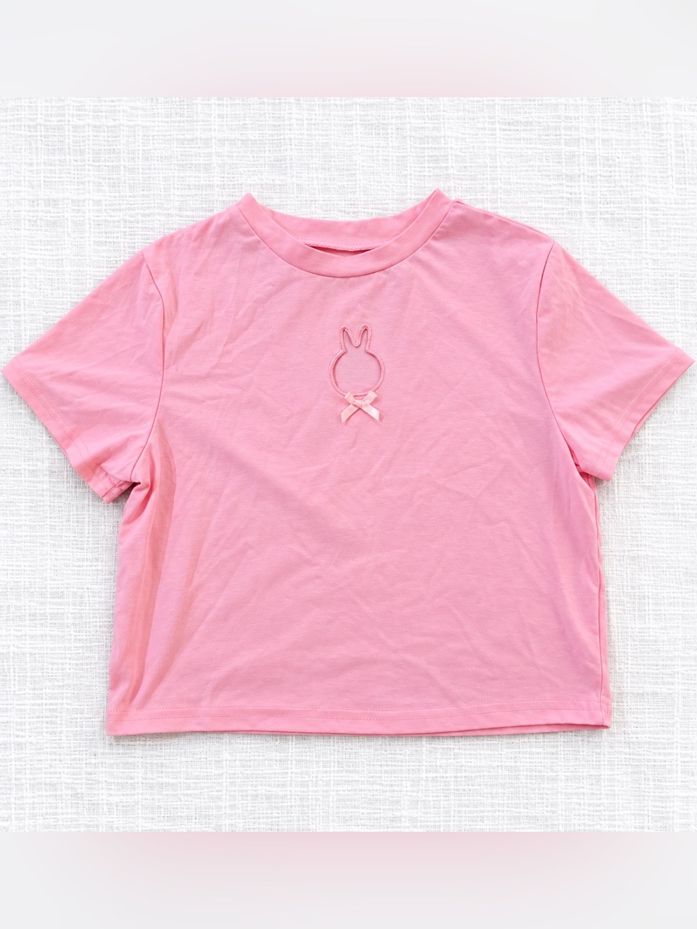 ROMWE Kawaii Pink Bunny Embroidered Bow Crop T-Shirt Large Coquette